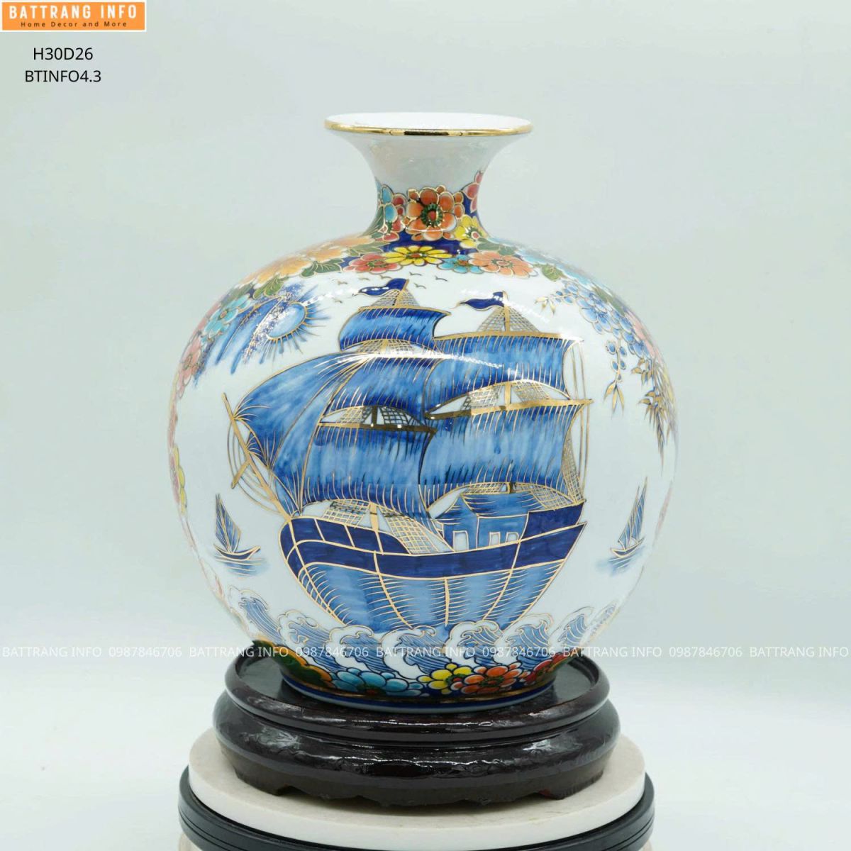 Bình Hút Tài Lộc Nhị Cảnh Thuận Buồm Xuôi Gió & Mã Đáo Thành Công Men Lam Vẽ Vàng 24K Cao 30cm