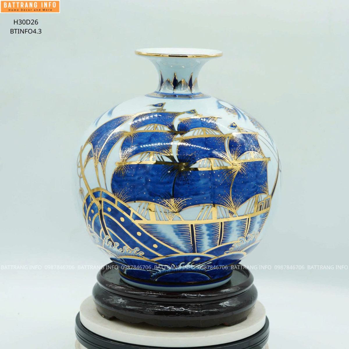 Bình Hút Lộc Thuận Buồm Xuôi Gió Cao 30cm Vẽ Vàng 24K Cao Cấp Bát Tràng