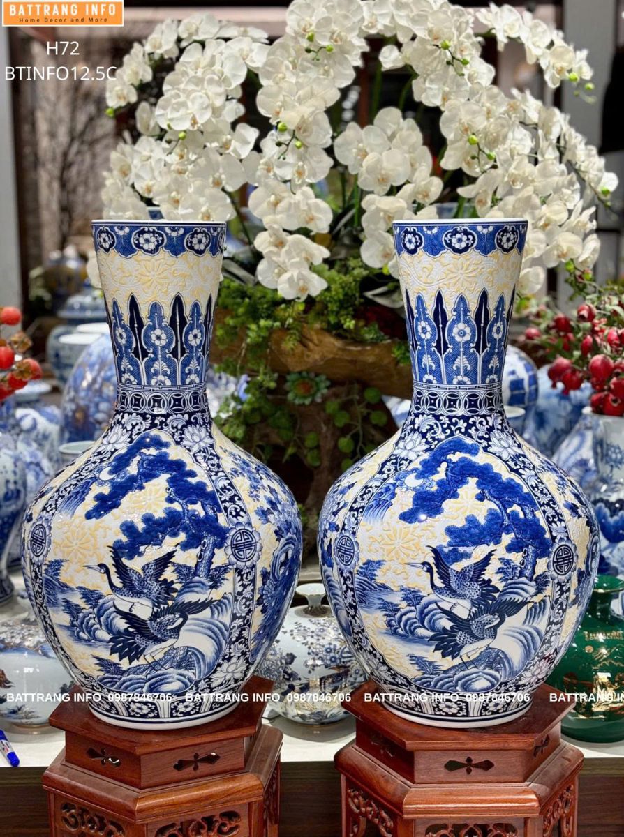 Tỏi men lam tứ cảnh nền gấm cao 72cm