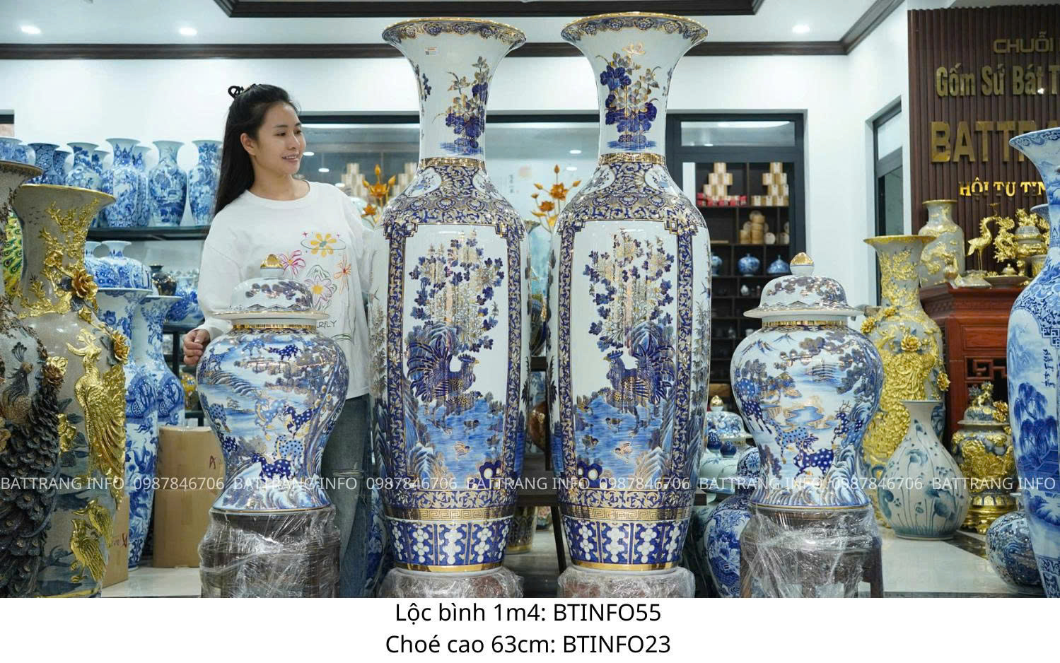 Choé Tùng Lộc 63cm Men Lam Vẽ Vàng 24K Cao Cấp Bát Tràng