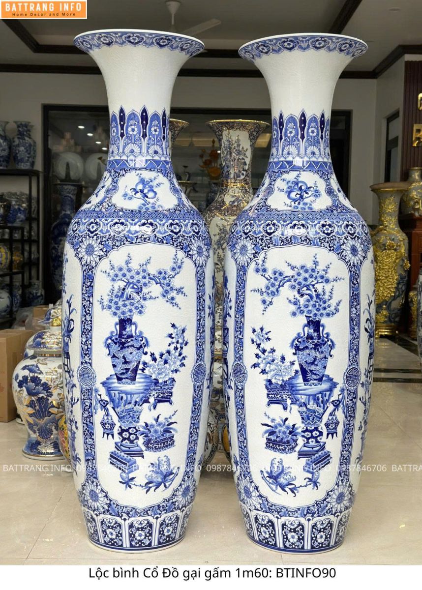 Lộc Bình Men Khử Vẽ Tay Nền Gại Gấm Tứ Quý Cổ Đồ 1m6 Cao Cấp Bát Tràng – Tuyệt Tác Phong Thủy