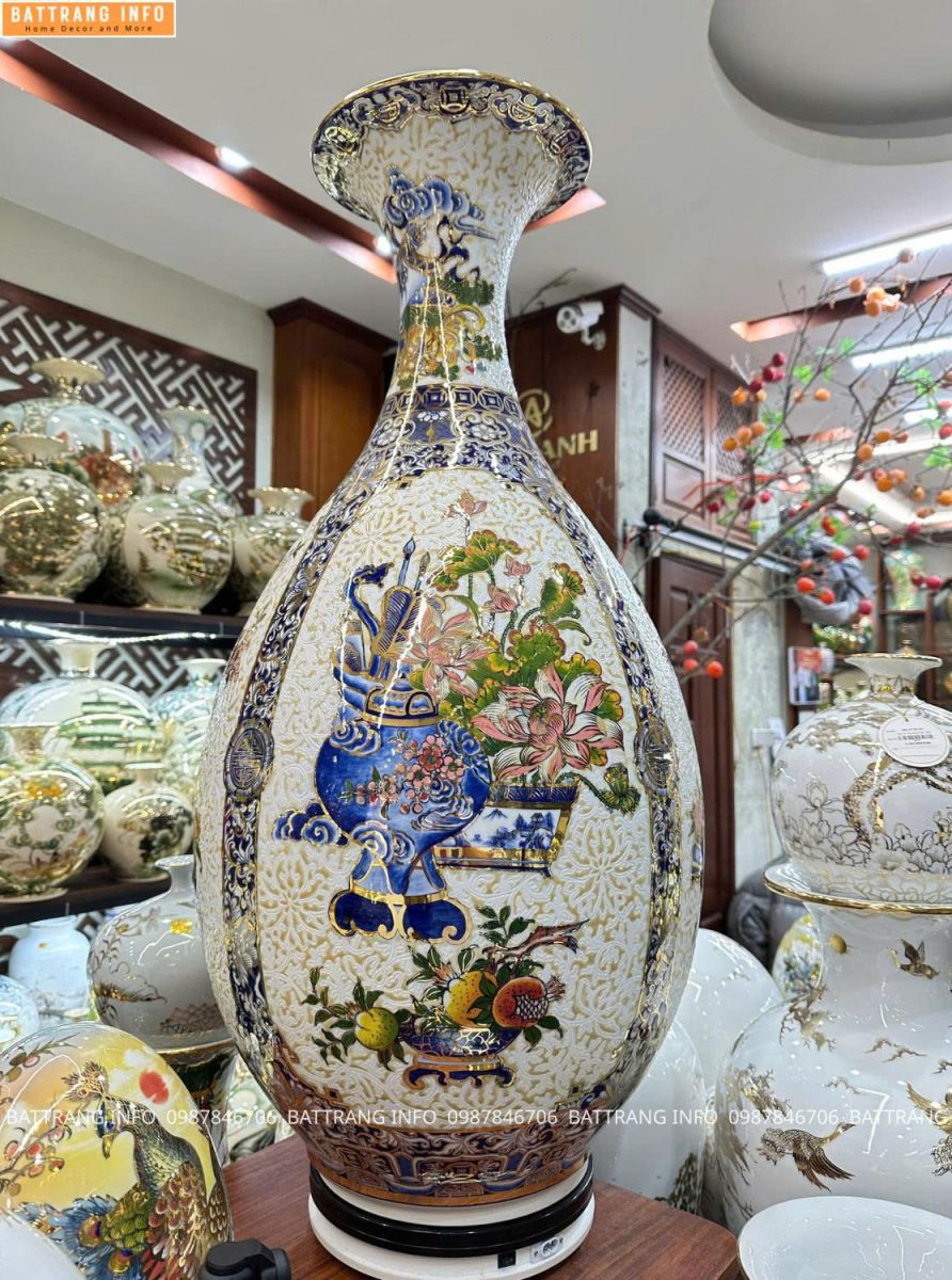 Tỳ bà tứ cảnh cổ đồ nền gấm vẽ vàng 24K VIP Bát Tràng