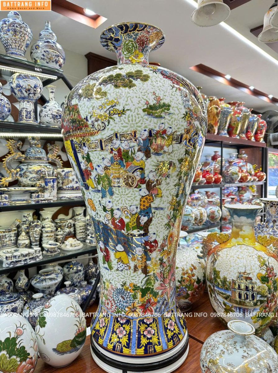 Mai Bình “Bách Nhi Bách Phúc” nền gấm vẽ vàng 24K 2