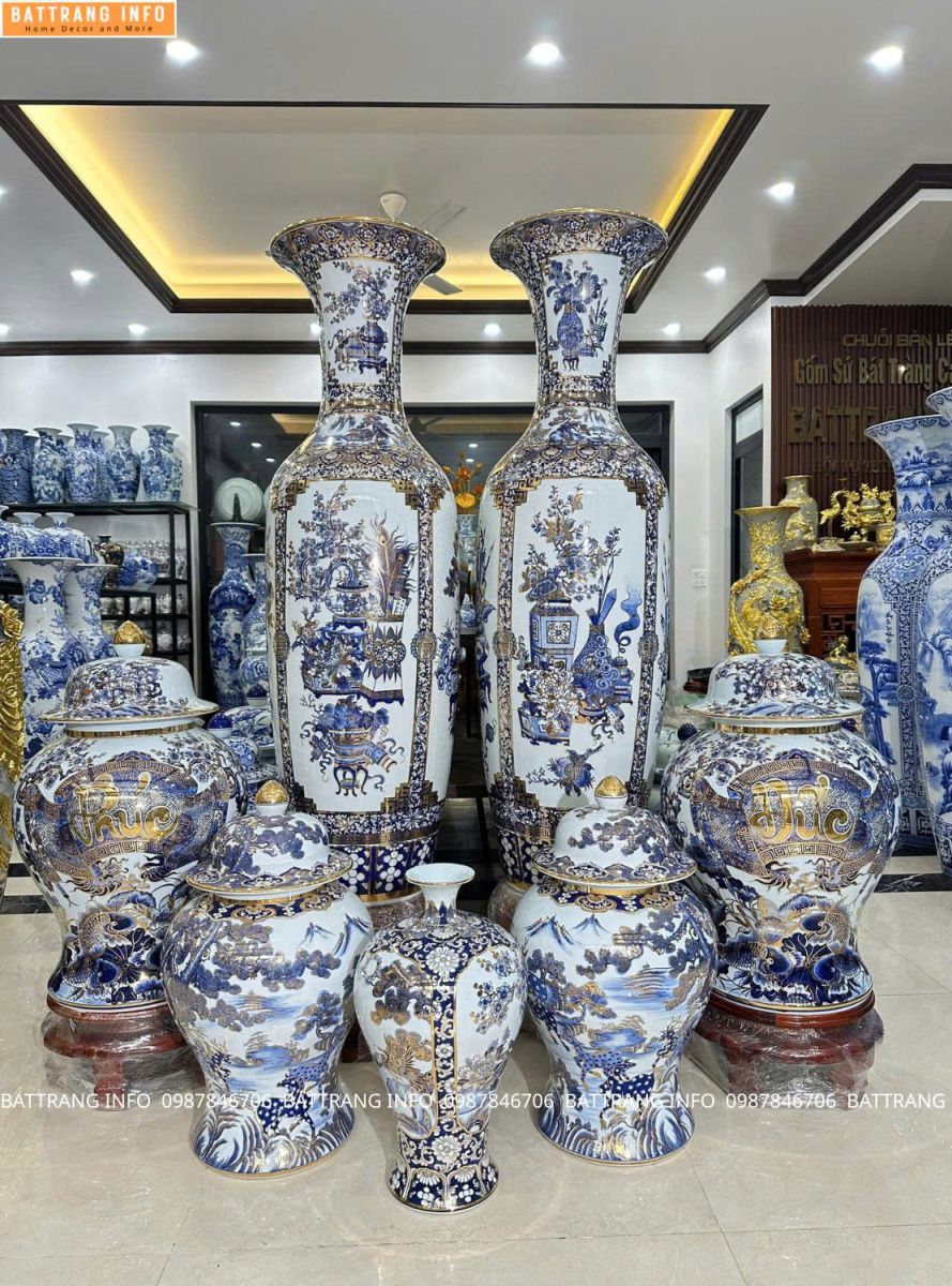 Combo Lộc Bình Tứ Cảnh & Chóe Phúc Đức – Mai Bình Tứ Cảnh Men Lam Vẽ Tay Vàng 24K Cao Cấp Bát Tràng