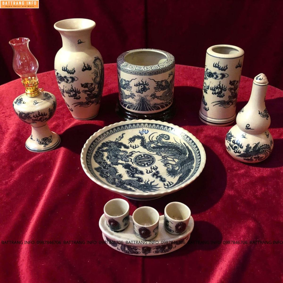 Bộ Đồ Thờ Men Rạn Vẽ Tay Họa Tiết Rồng – Gốm Sứ Bát Tràng Cao Cấp