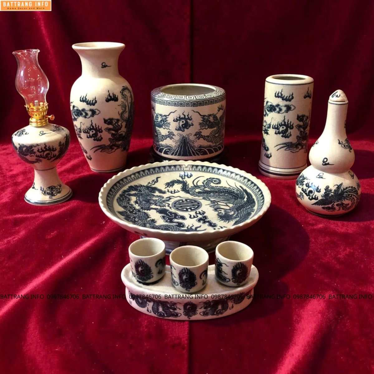 Bộ Đồ Thờ Men Rạn Vẽ Tay Họa Tiết Rồng – Gốm Sứ Bát Tràng Cao Cấp