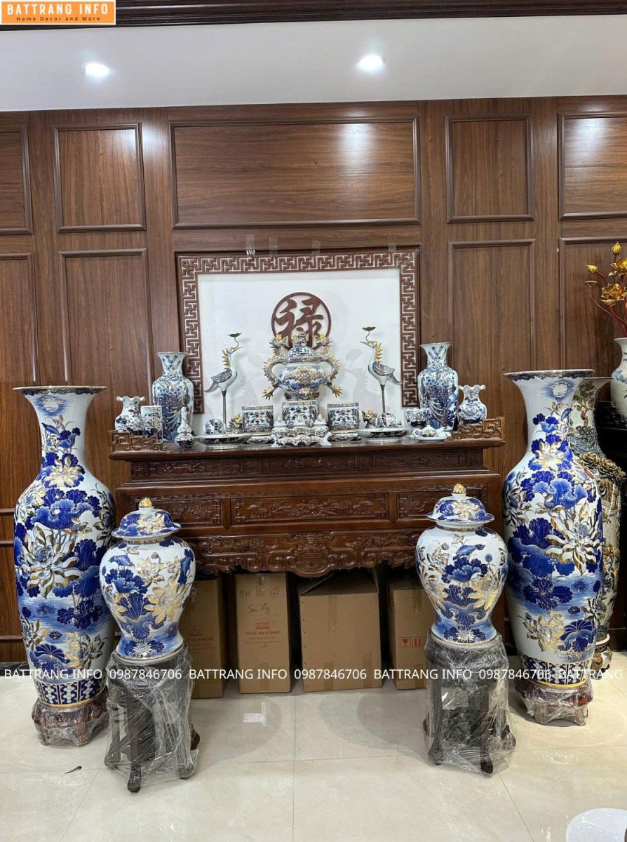 Combo Đồ Thờ Lộc Bình Choé Men Lam Vẽ Vàng 24K Cao Cấp Bát Tràng