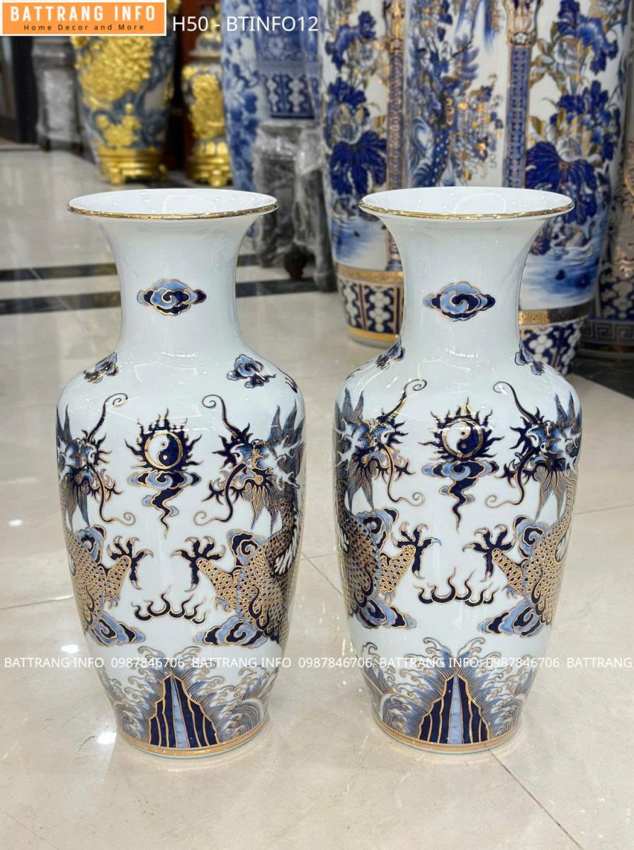 Lọ Hoa Song Long Men Lam Vẽ Vàng 24K Cao 50cm Cao Cấp Bát Tràng – Được Lựa Chọn Nhiều Nhất Hiện Nay