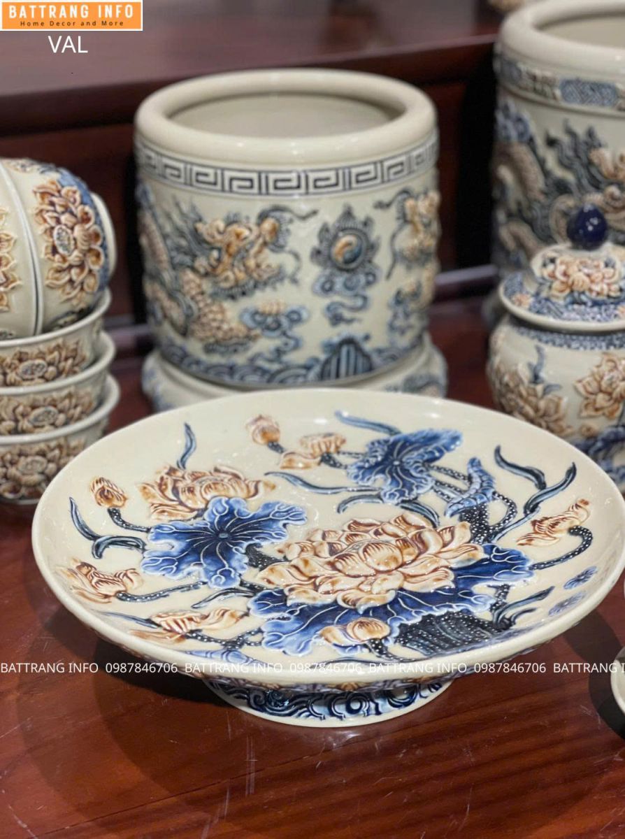 Mâm Bồng Men Hoàng Thổ Đắp Nổi Cao Cấp Bát Tràng P40