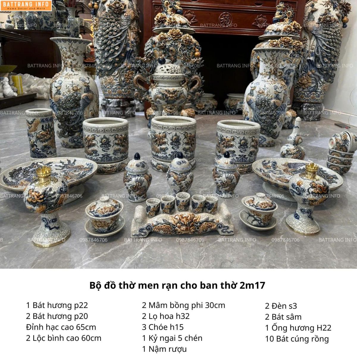Bộ đồ thờ men rạn đắp nổi cao cấp Bát Tràng cho ban thờ 2m17 – Lựa chọn chuẩn phong thủy và đẳng cấp