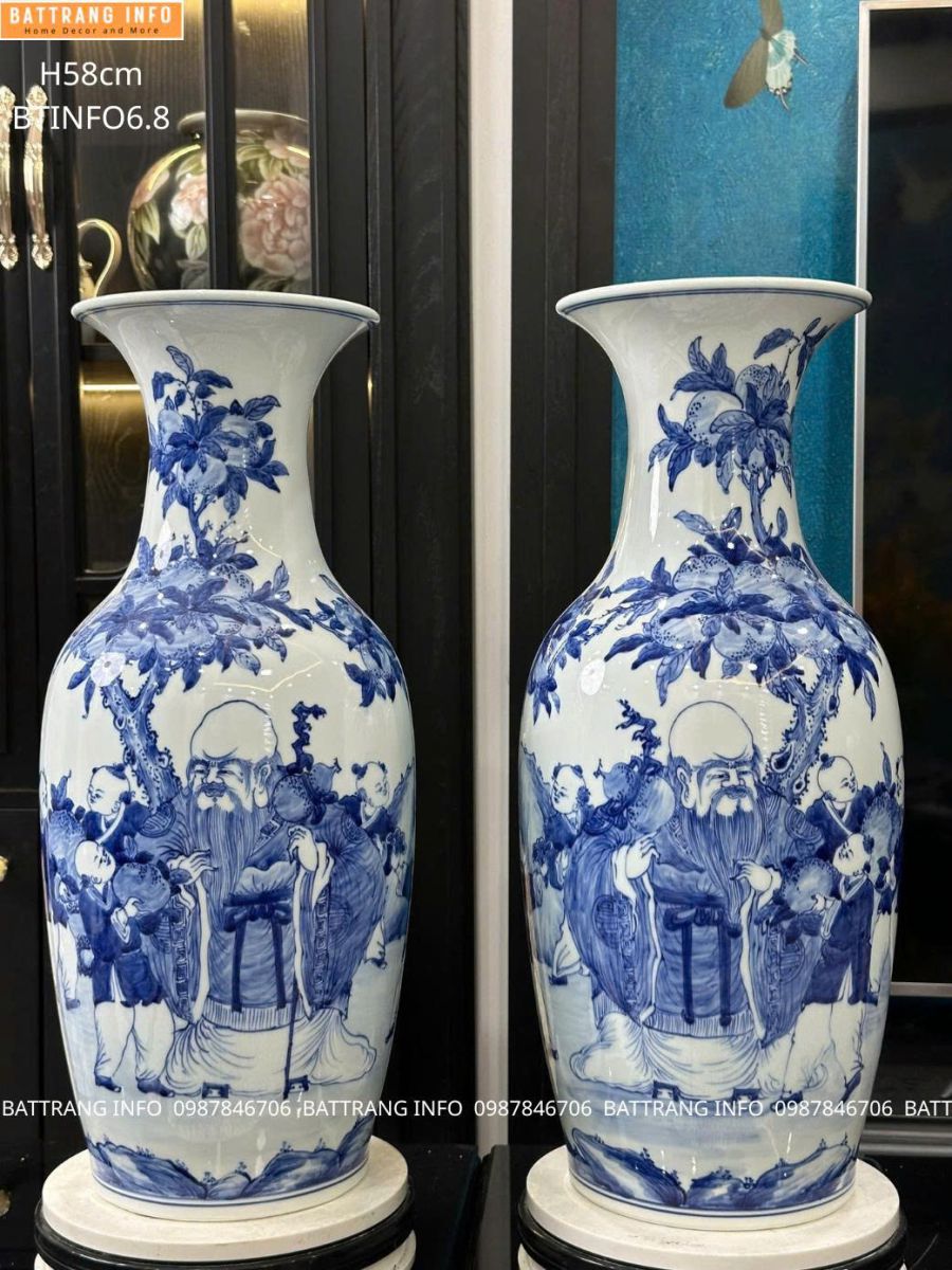 Lộc Bình Phúc Lộc Thọ H58 Men Lam Vẽ Tay Cao Cấp Bát Tràng