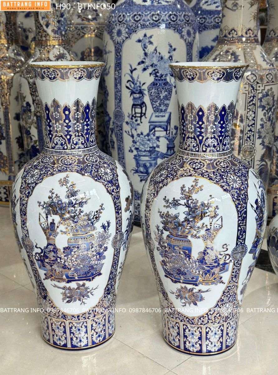 Mai Bình Tứ Quý Cổ Đồ Men Lam Vẽ Vàng 24K Cao Cấp Bát Tràng – Tinh Hoa Gốm Sứ Việt Cho Không Gian Sang Trọng