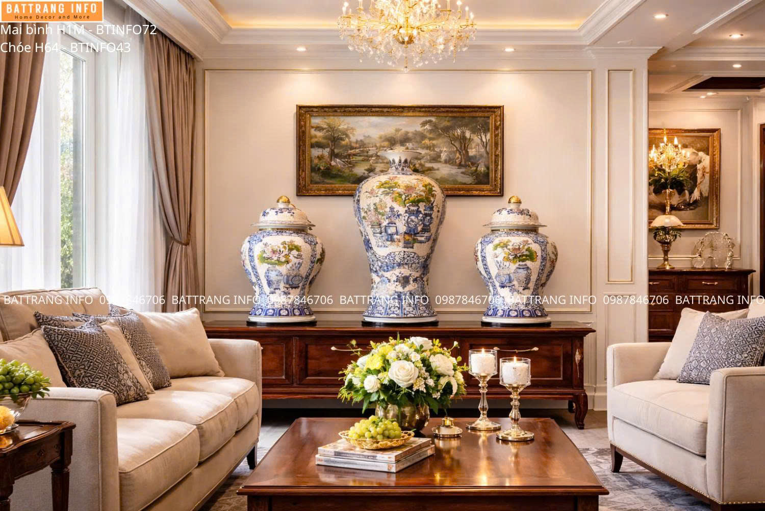 Bộ Ba Tác Phẩm Gại Gấm Vàng Vẽ Vàng 24K Cao Cấp Bát Tràng: Mai Bình Nhị Cảnh & Choé Tứ Cảnh Cổ Đồ