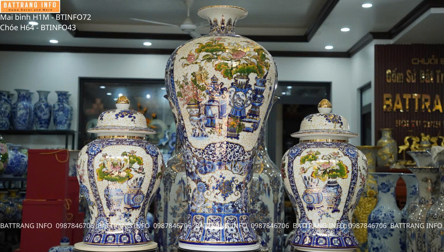 Bộ Ba Tác Phẩm Gại Gấm Vàng Vẽ Vàng 24K Cao Cấp Bát Tràng: Mai Bình Nhị Cảnh & Choé Tứ Cảnh Cổ Đồ