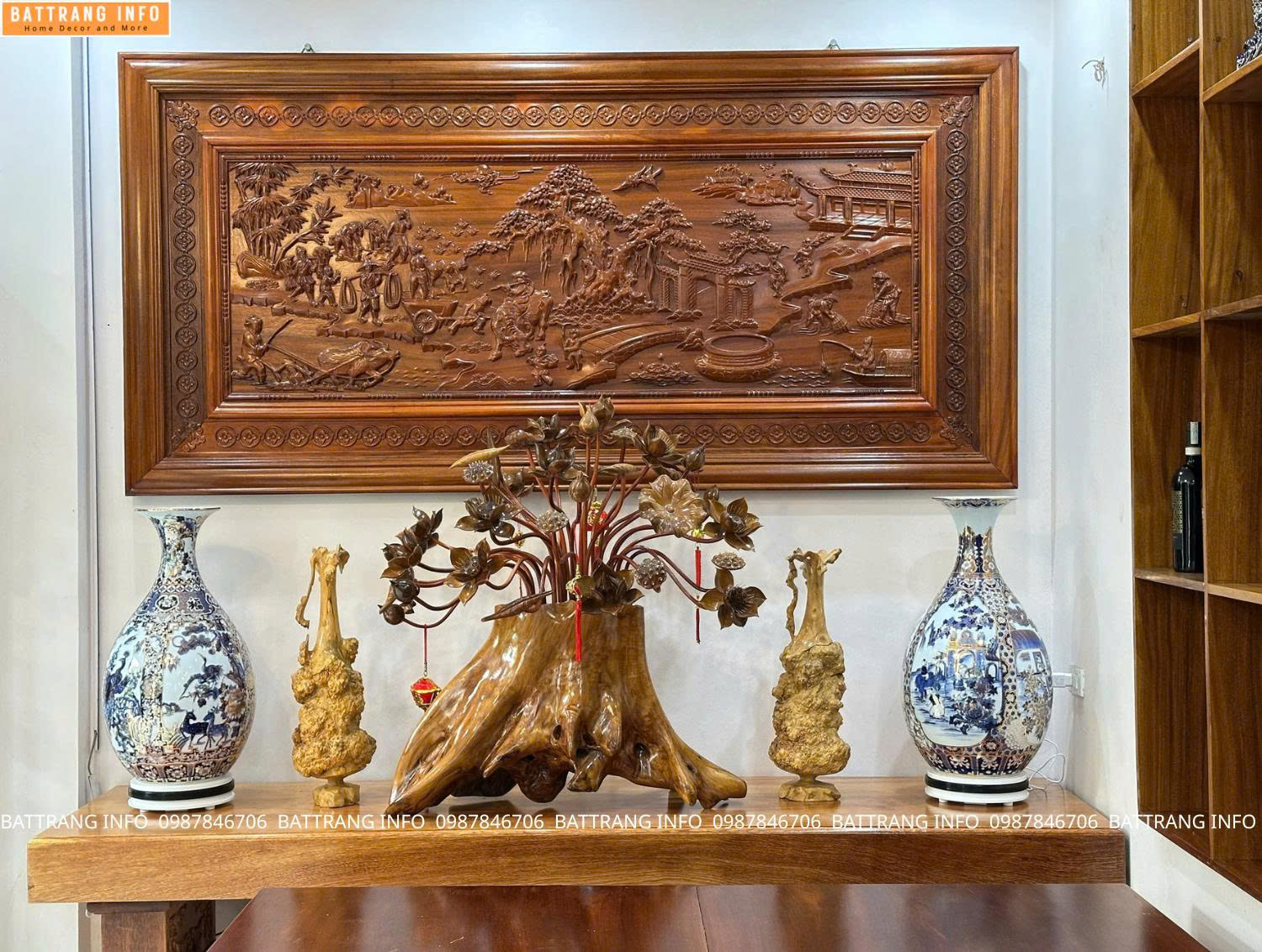 Cặp Tỳ Bà Tứ Cảnh men lam vẽ vàng cao 70cm cao cấp Bát Tràng – Điểm nhấn sang trọng cho không gian gia chủ