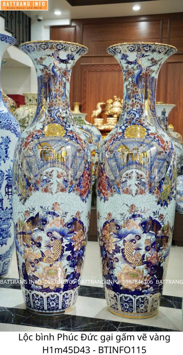 Lộc Bình Phúc Đức Gấm Vẽ Vàng Cao Cấp Bát Tràng Cao 1m45