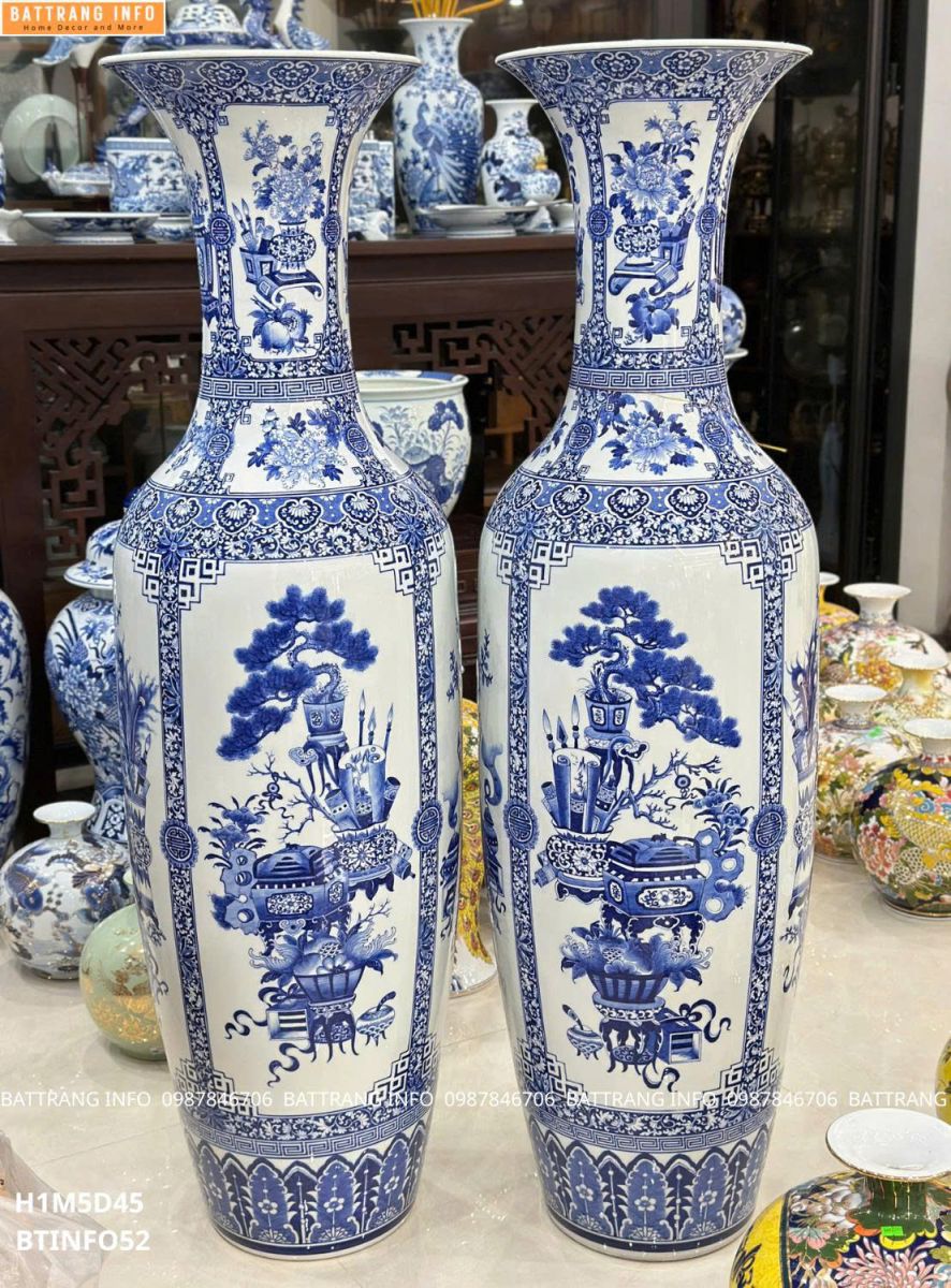 Lộc Bình Tứ Cảnh Cổ Đồ Men Lam Vẽ Tay Cao 1m50 Cao Cấp Bát Tràng