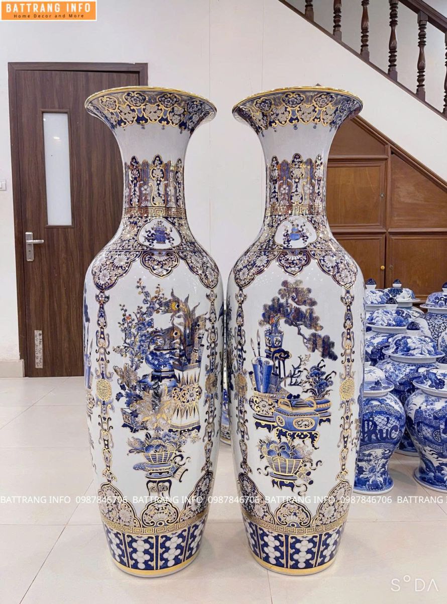 Đặt Mua Cặp Lộc Bình Tứ Cảnh Cổ Đồ Men Lam Vẽ Vàng 24K Cao 1m ở Đâu Hà Nội