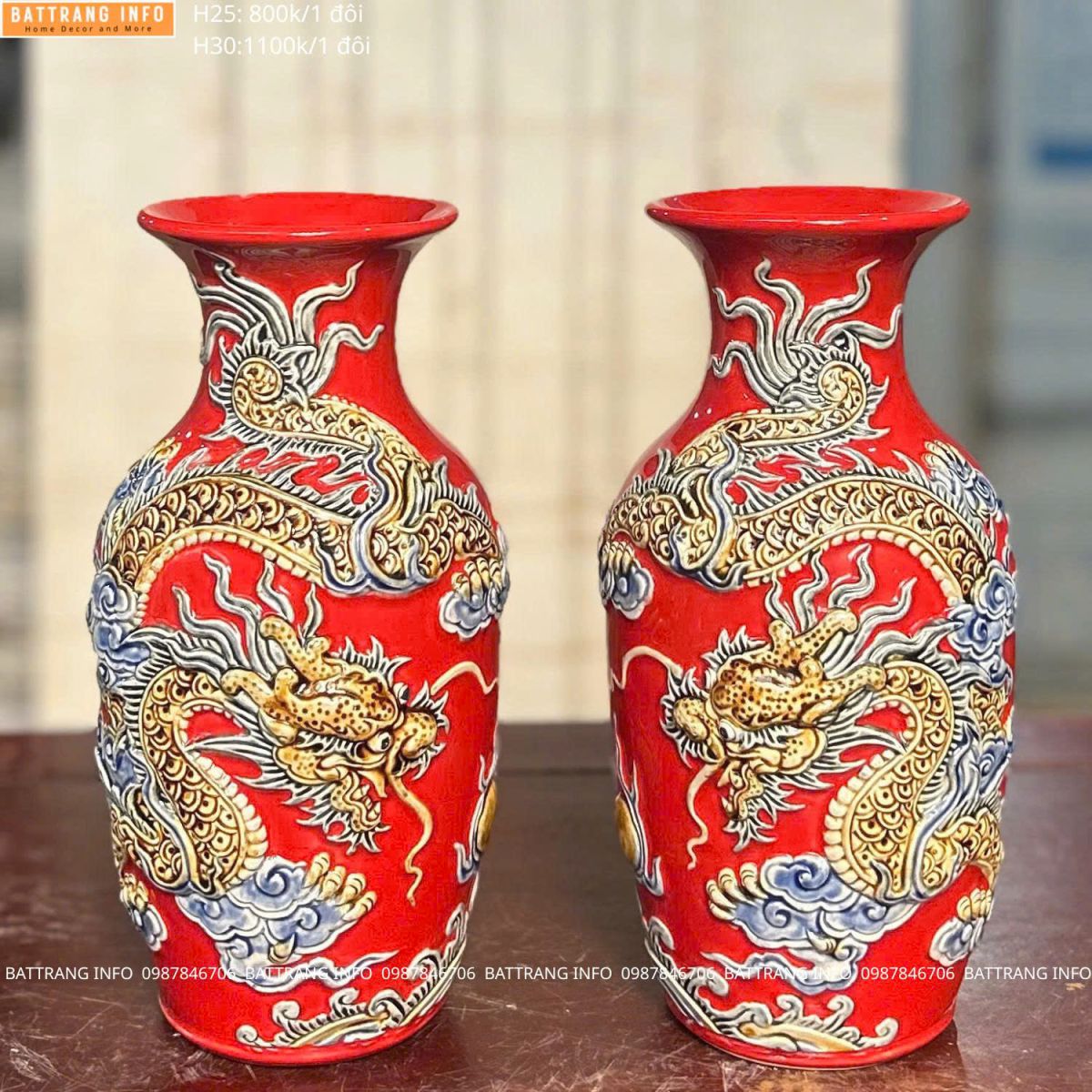 Lọ Hoa Thờ Men Màu Rồng Đắp Nổi Cao Cấp Bát Tràng – Tôn Nghiêm Không Gian Thờ Cúng