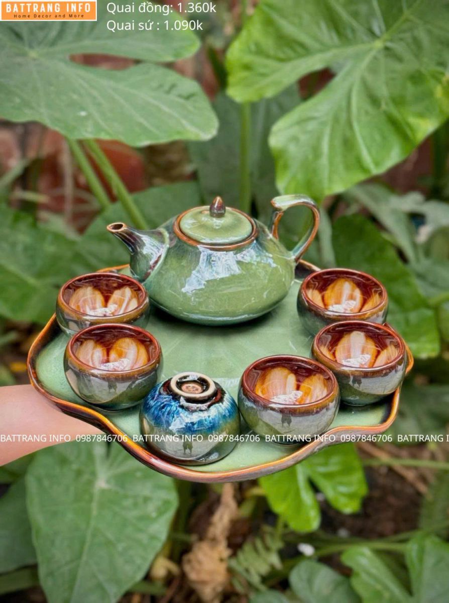 Bộ Ấm Chén Khay Lá Sen Men Hỏa Biến Chén Lòng Hoa Cao Cấp Bát Tràng