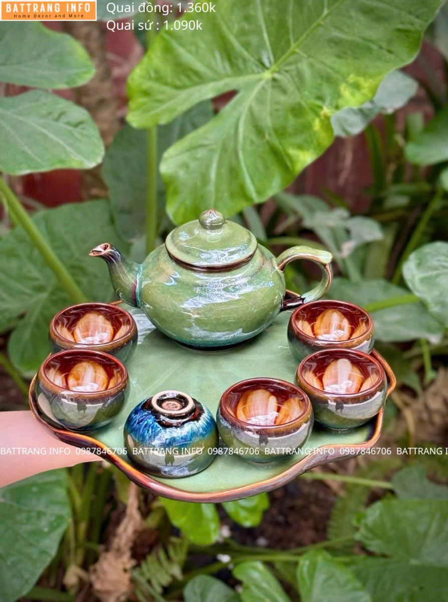 Bộ Ấm Chén Khay Lá Sen Men Hỏa Biến Chén Lòng Hoa Cao Cấp Bát Tràng