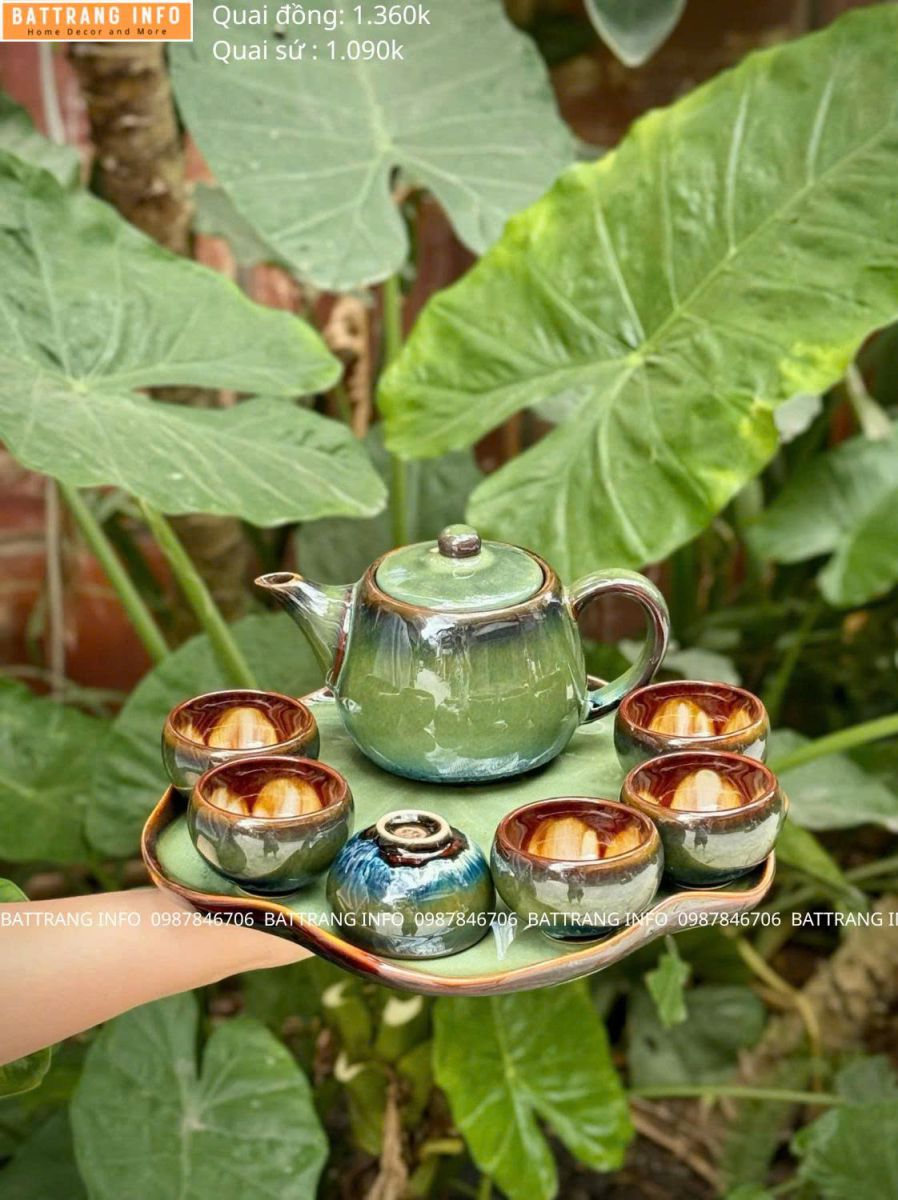 Bộ Ấm Chén Khay Lá Sen Men Hỏa Biến Chén Lòng Hoa Cao Cấp Bát Tràng