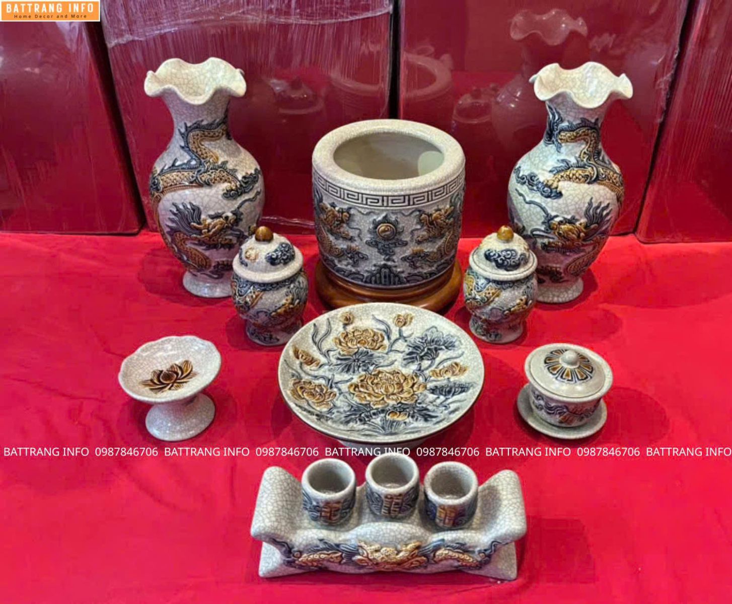 Bộ Đồ Thờ Men Rạn Đắp Nổi Họa Tiết Rồng Và Sen Cao Cấp Bát Tràng 2