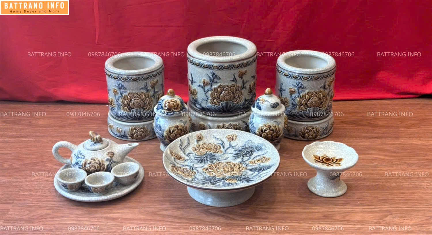 Bộ Đồ Thờ Men Rạn Đắp Nổi Họa Tiết Rồng Và Sen Cao Cấp Bát Tràng