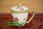 Bộ cốc nắp vẽ hoa sen đỏ cao cấp BátTràng 200ml